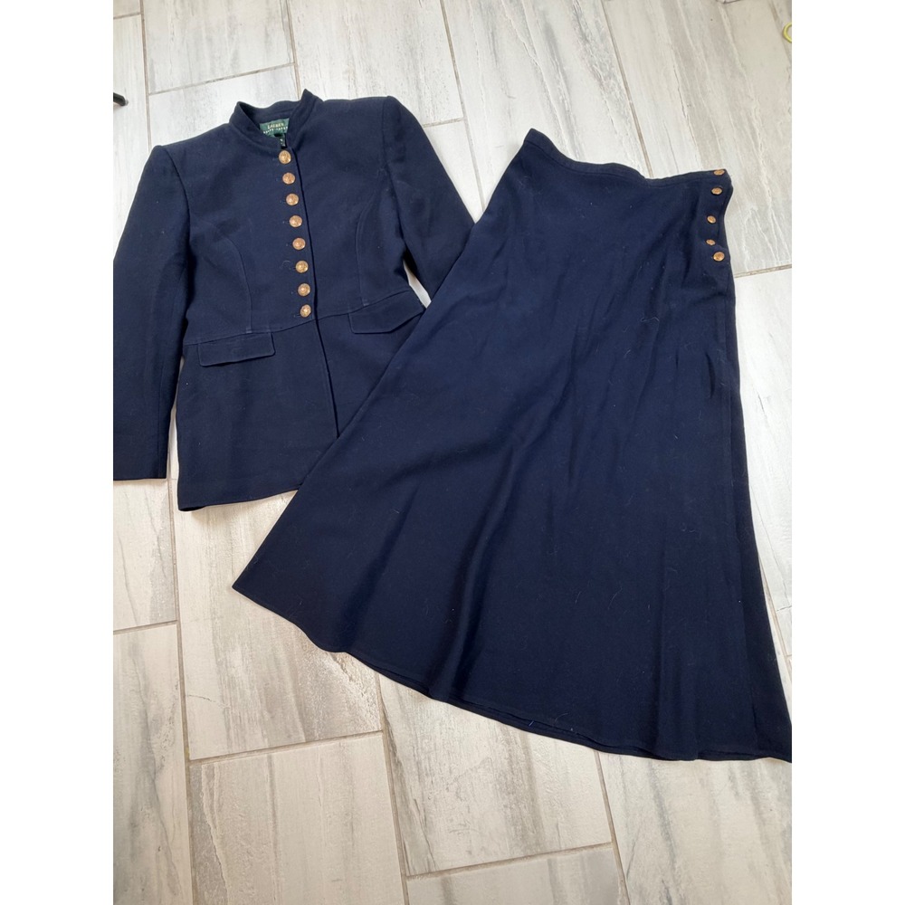 Lauren Ralph Lauren Navy Wool‎ Skirt Suit Gold Crest Button Blazer Midi Skirt 12